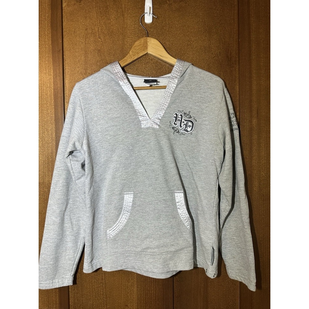 Harley Davidson Womens Gray V Neck Pullover Hoodie Spell Out‎ Size M